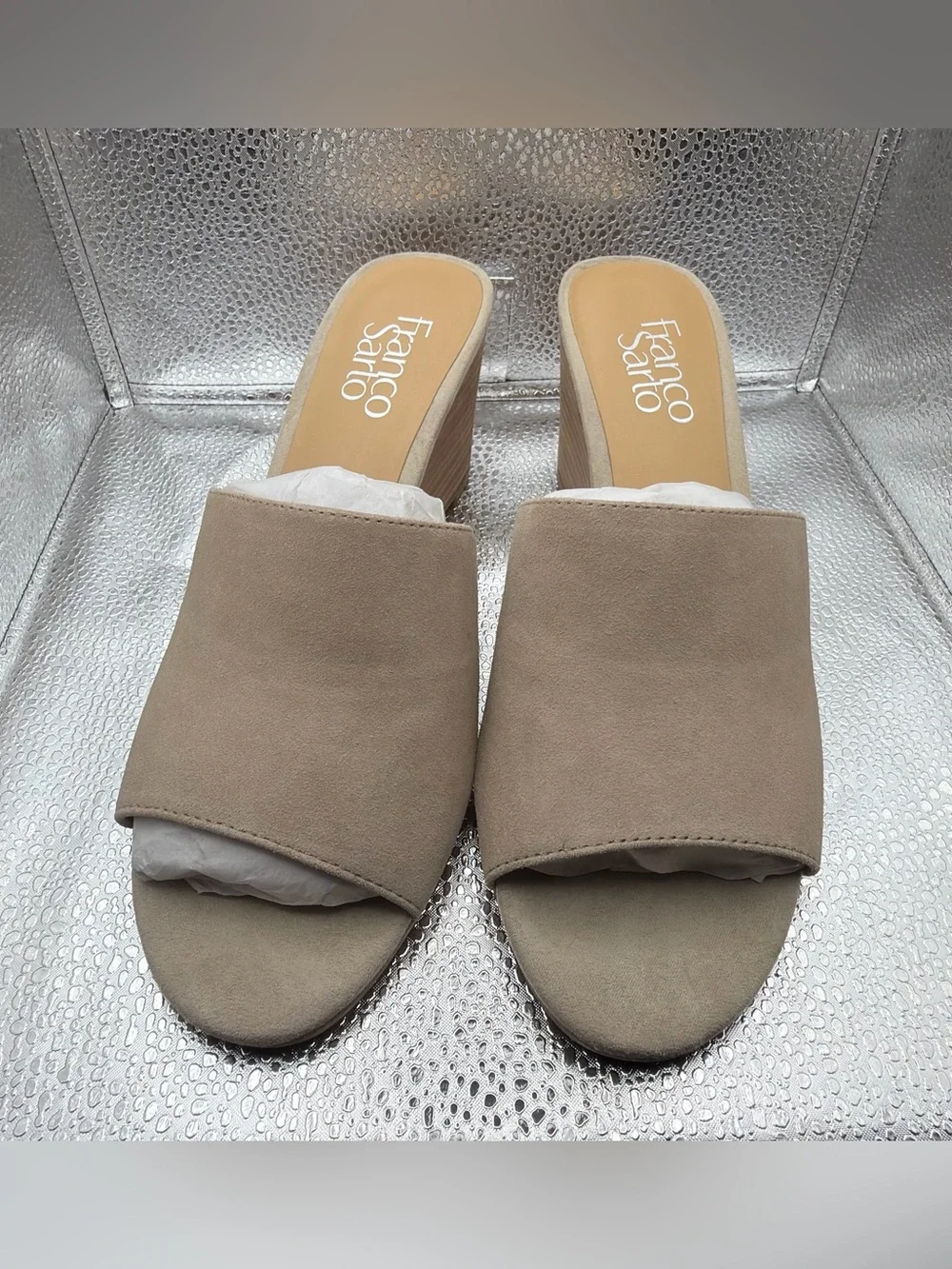 Franco Sarto Beige Suede Wedge Slide Sandals